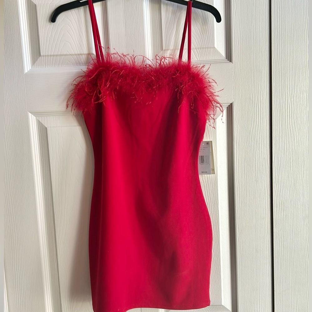 NWT Feather Trim Mini Dress